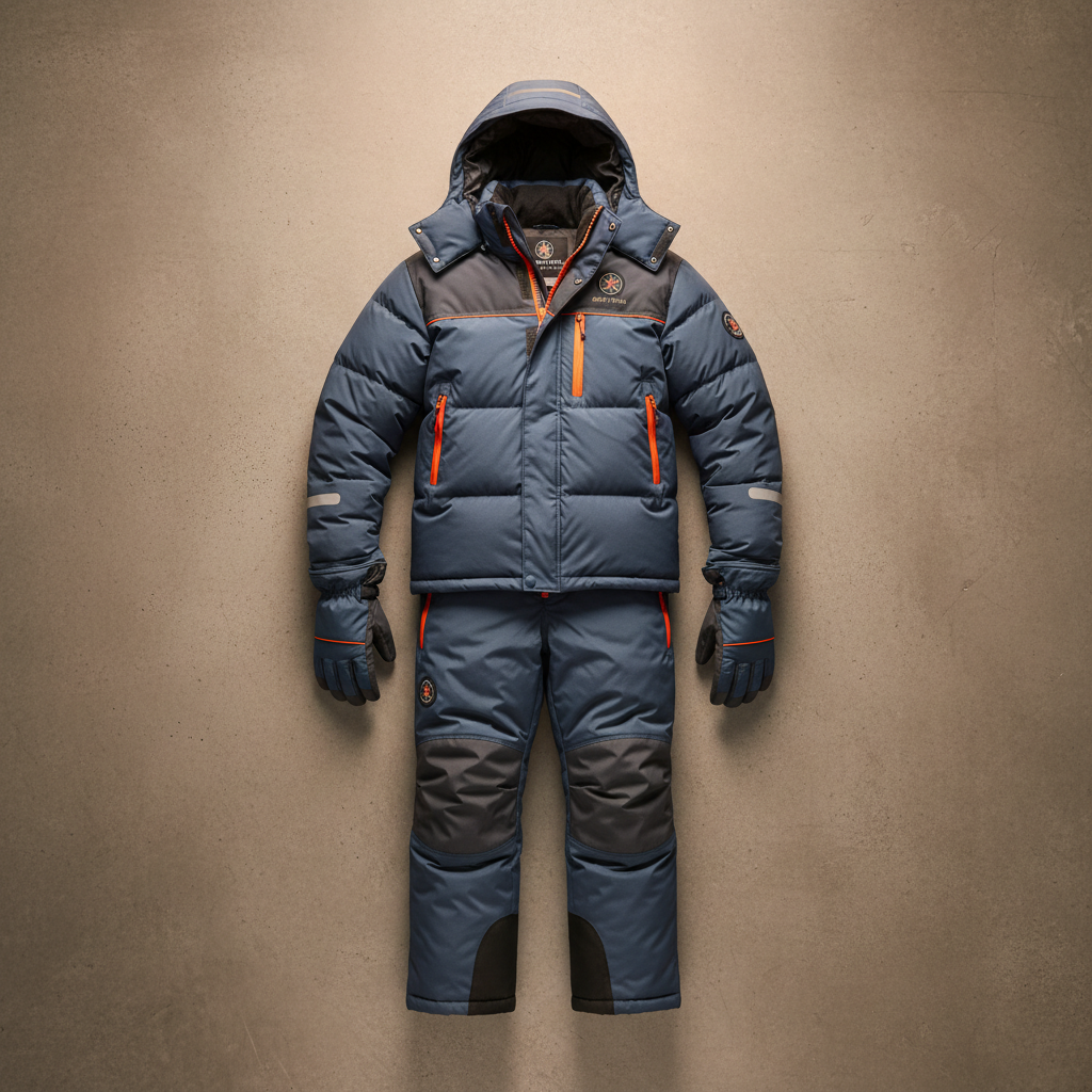 Navy blue puffy insulated parka jacket on clean white background