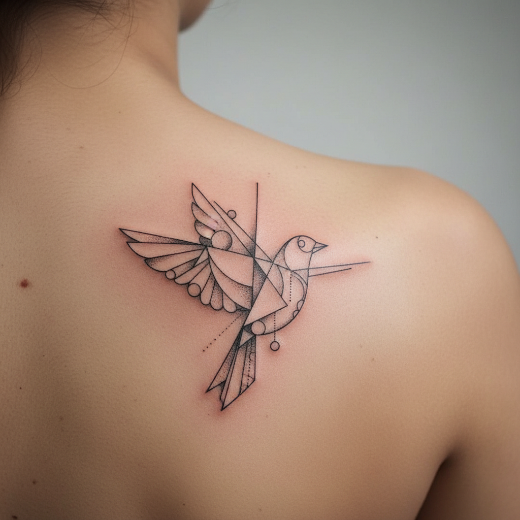 Fine-line geometric bird tattoo using negative space, upper arm