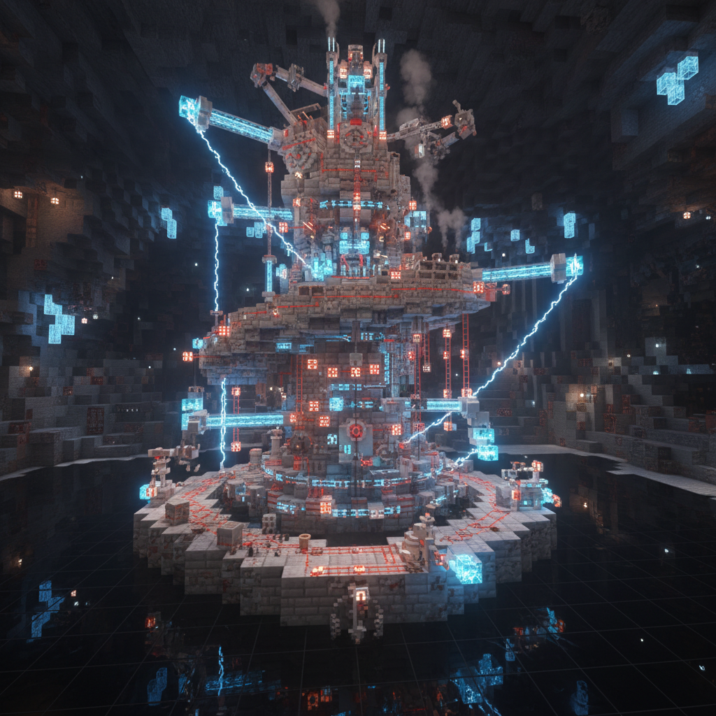 Complex Minecraft redstone contraption with pistons and circuits glowing red