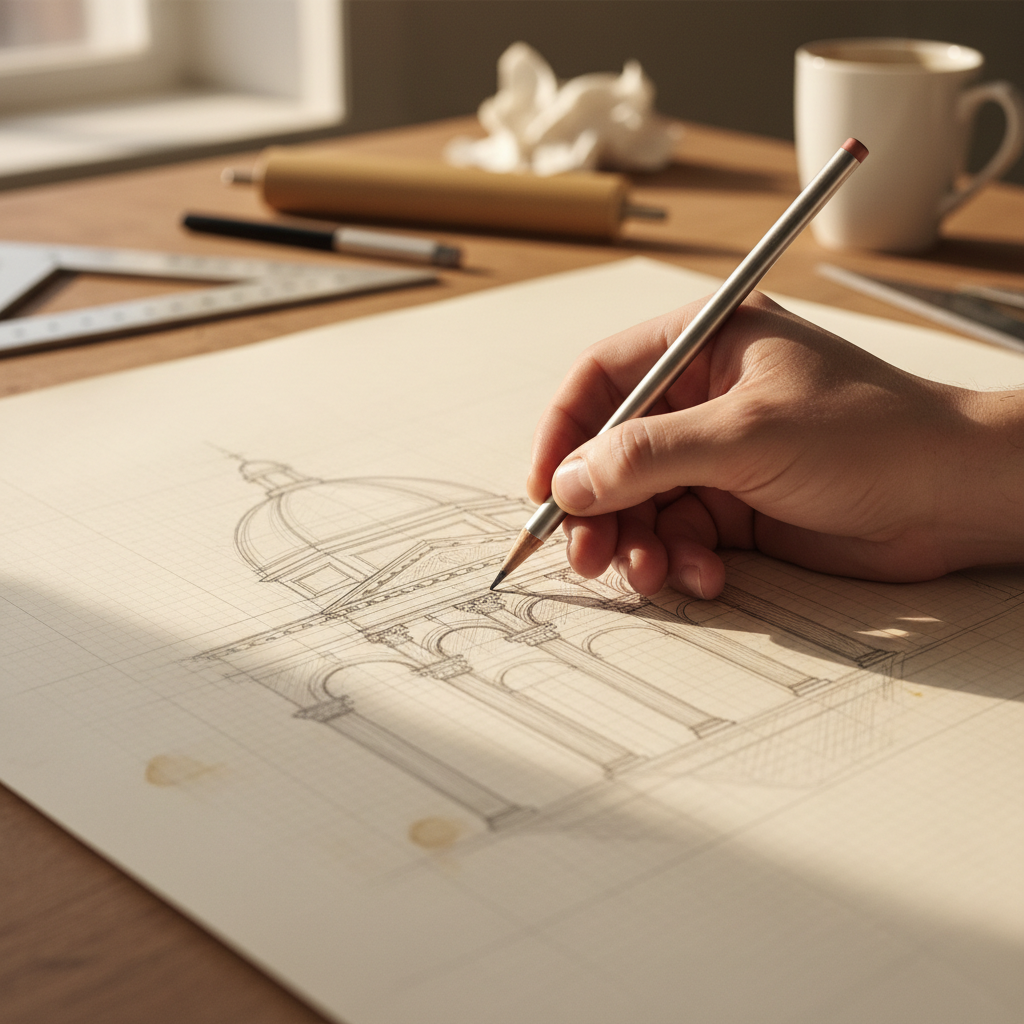 Close-up of set designer's hand sketching architectural elevation on drafting paper