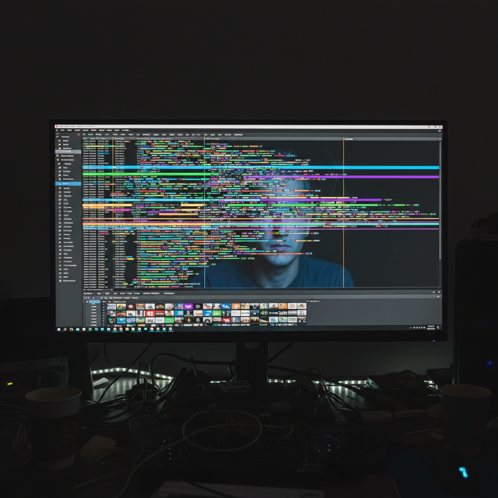 Professional video editing timeline on bright monitor in well-lit modern studio