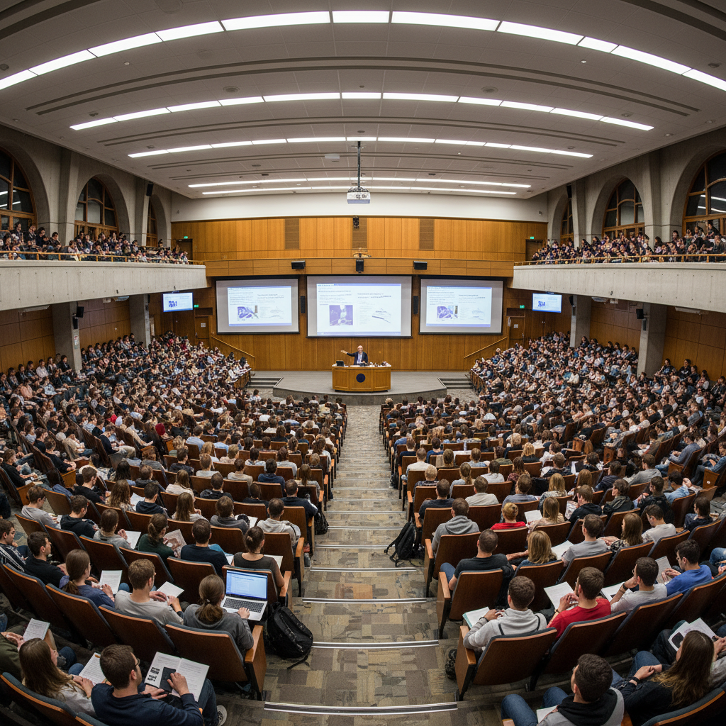 Large lecture hall with hundreds of students and a distant professor at the podium