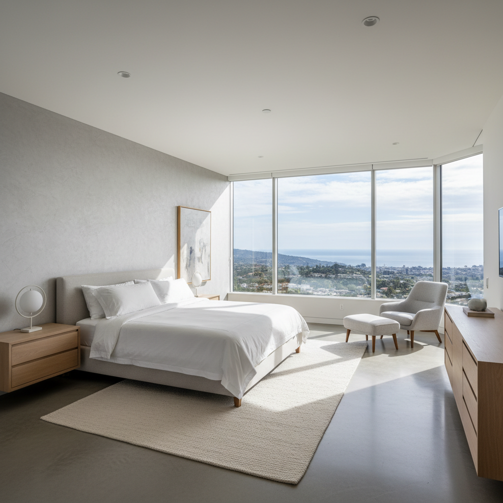 Luxury master bedroom with panoramic windows overlooking Florida waterfront