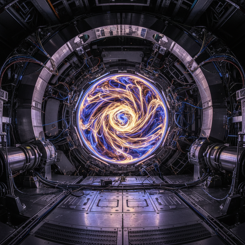 Glowing plasma ring inside a fusion reactor chamber with blue-violet light