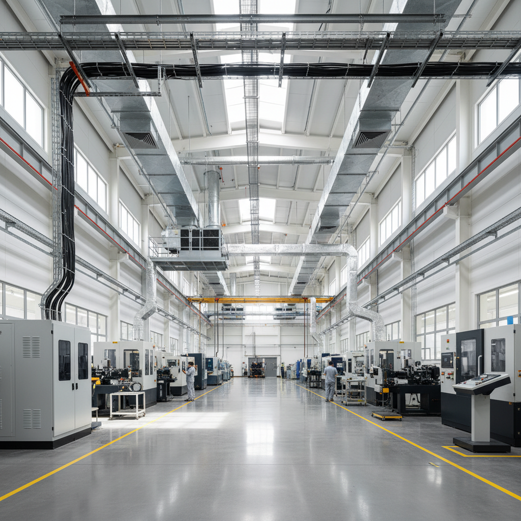 Commercial manufacturing facility with automated production equipment, bright clean industrial space