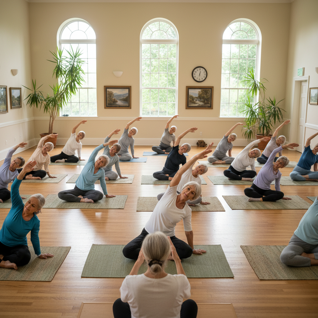 Senior fitness class with older adults doing gentle exercises in bright community gym