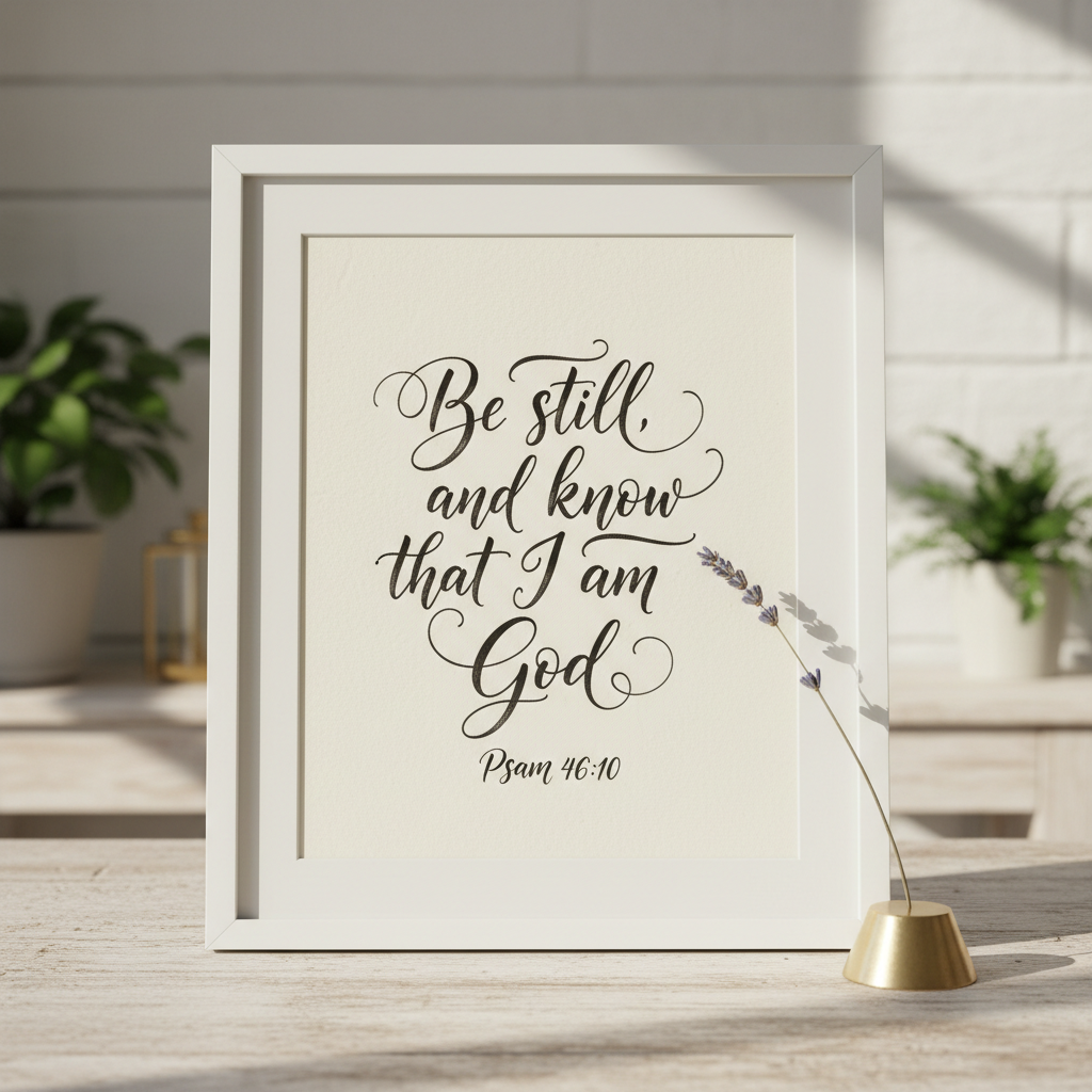 Framed scripture print with elegant hand-lettered Psalm 46:10 on cream archival paper, warm natural light, white minimal frame