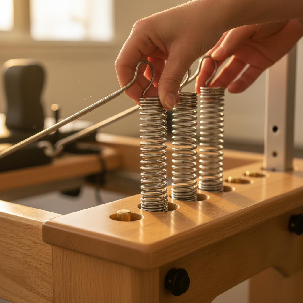 Close-up of Pilates reformer machine springs and carriage in a professional studio with warm light