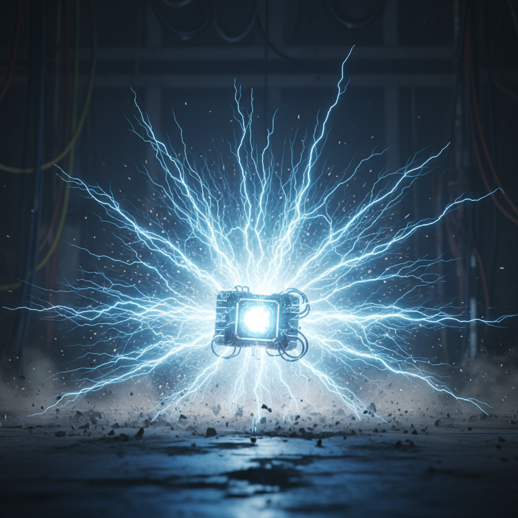 Glowing plasma reactor core with blue-white energy field in dark industrial chamber
