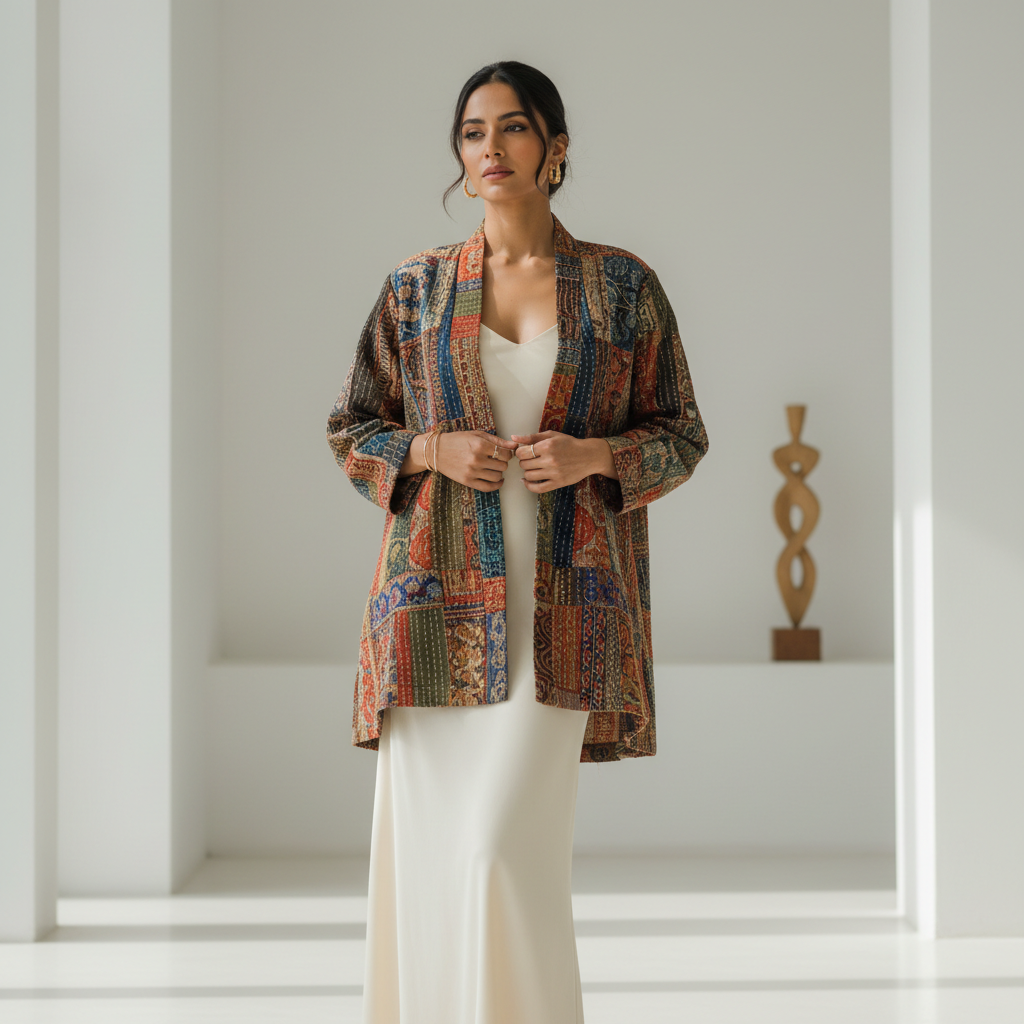 Woman in contemporary linen saree with modern geometric weave pattern, studio lighting, minimal dark background