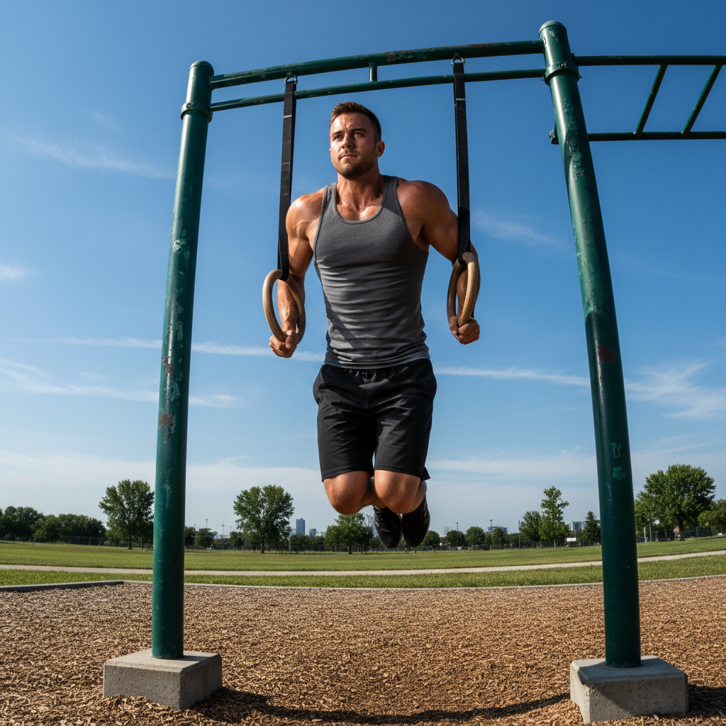 Male athlete performing ring dips outdoors on gymnastic rings attached to a park structure against clear sky