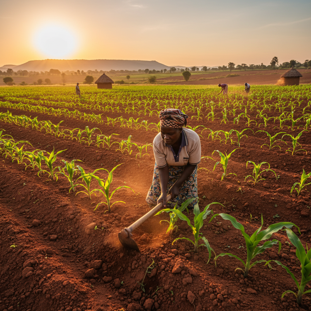 African farmer tending to rows of green crops in a field, golden hour light, rich dark soil