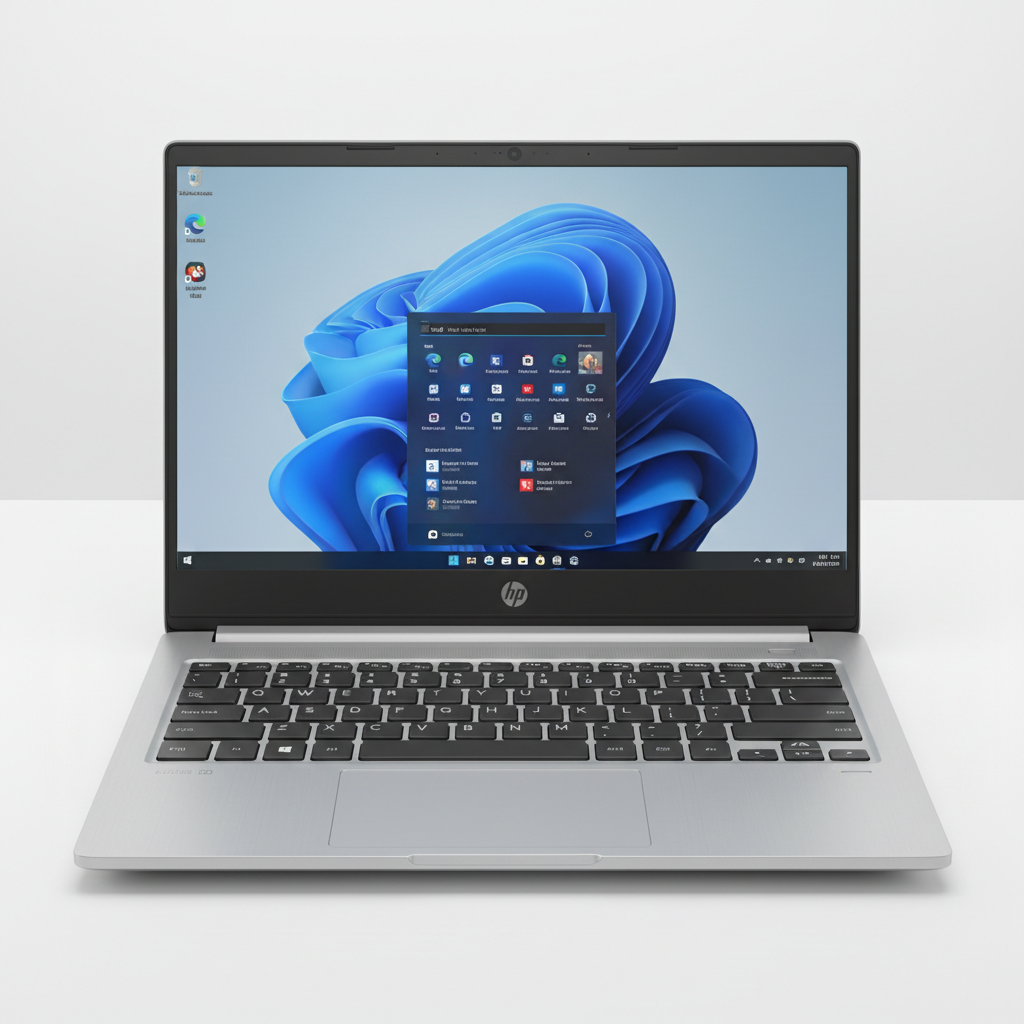 HP Pavilion laptop in silver, open on table showing screen, compact 14 inch everyday laptop