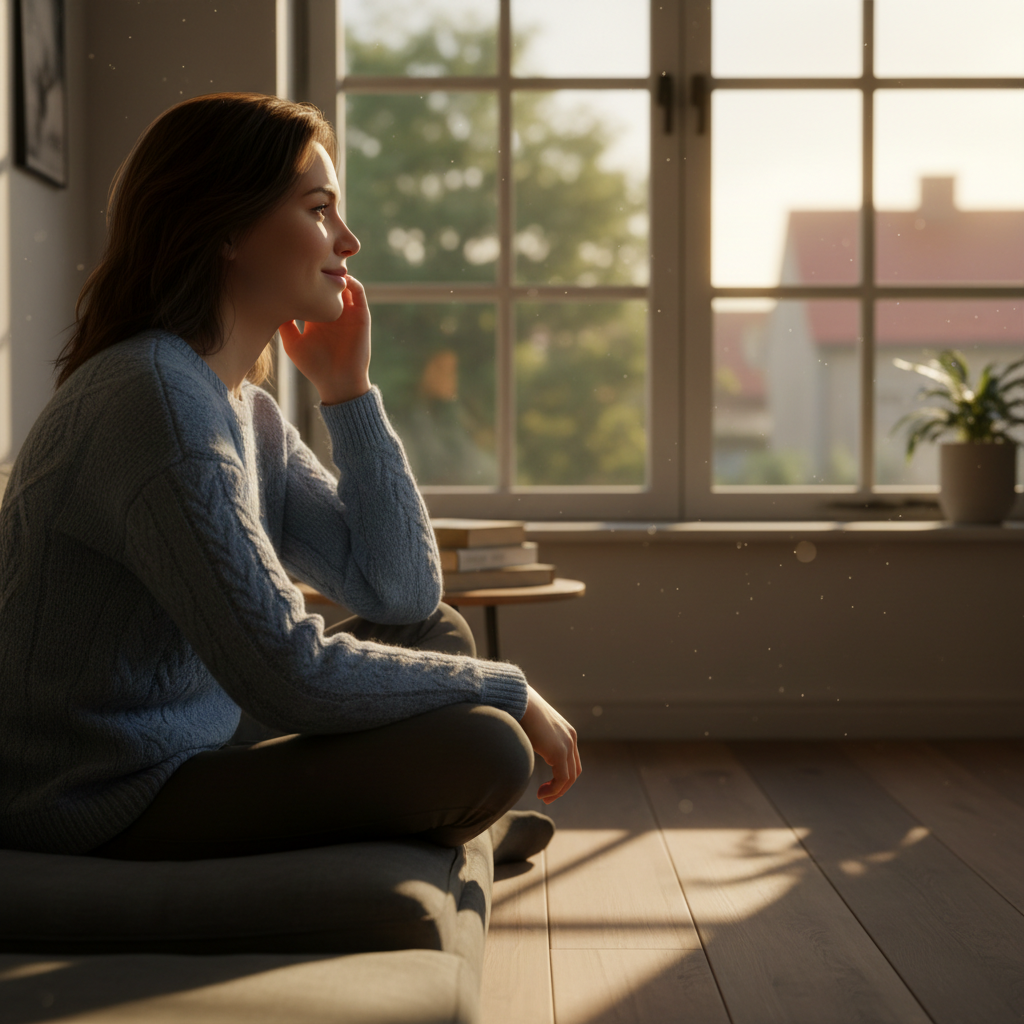 Person in quiet reflection, soft afternoon light, peaceful contemplative atmosphere