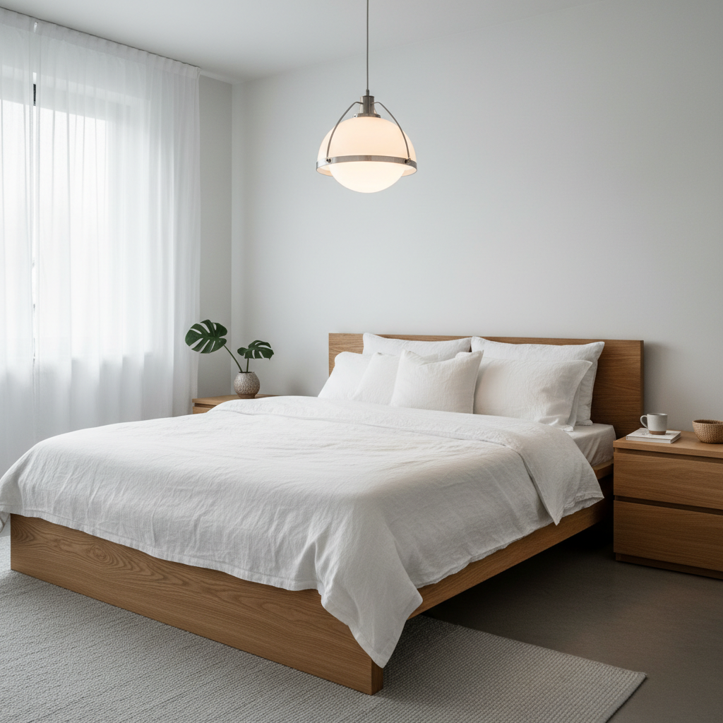 Lumina pendant light illuminating a minimalist Scandinavian bedroom with white linen and warm oak furniture