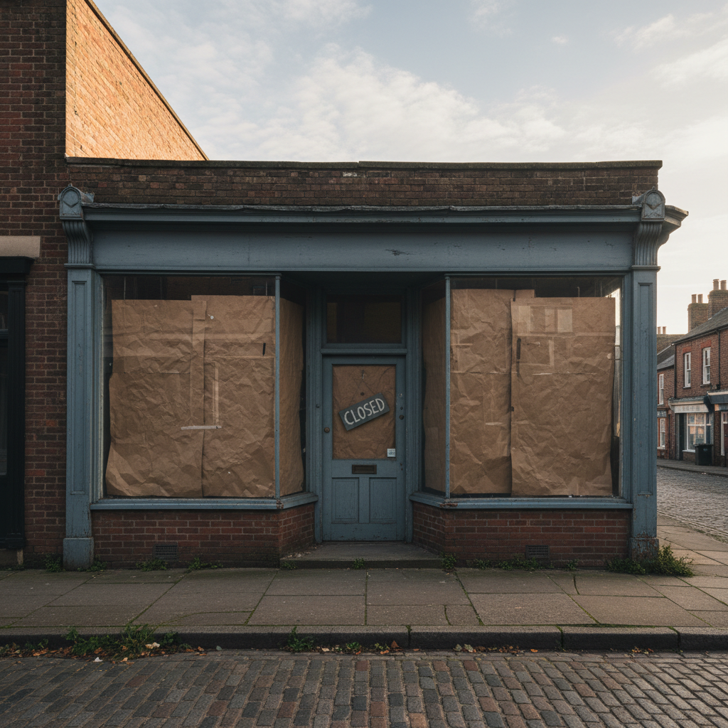 Empty storefront with paper covering the windows and a closed sign, on a quiet main street