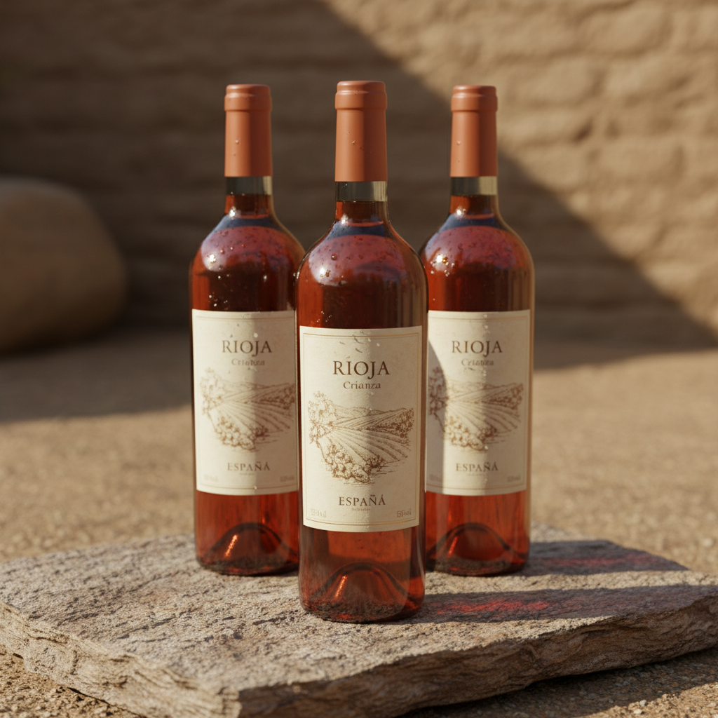 Spanish wine bottles with terracotta tones on stone surface