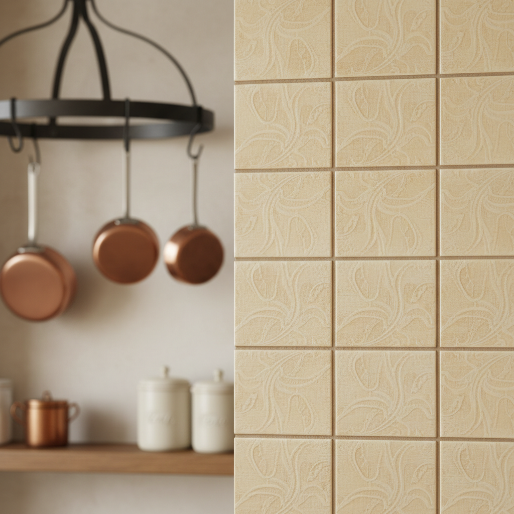 Decorative patterned mosaic tiles in warm earthy tones, artisan kitchen backsplash, terracotta and cream colors