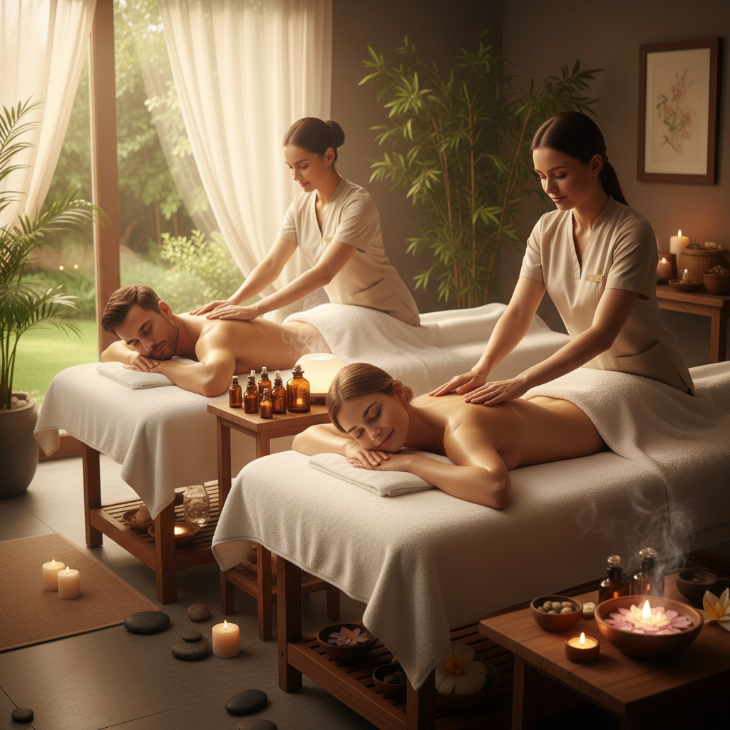 Couple enjoying a relaxing spa day with candles and towels