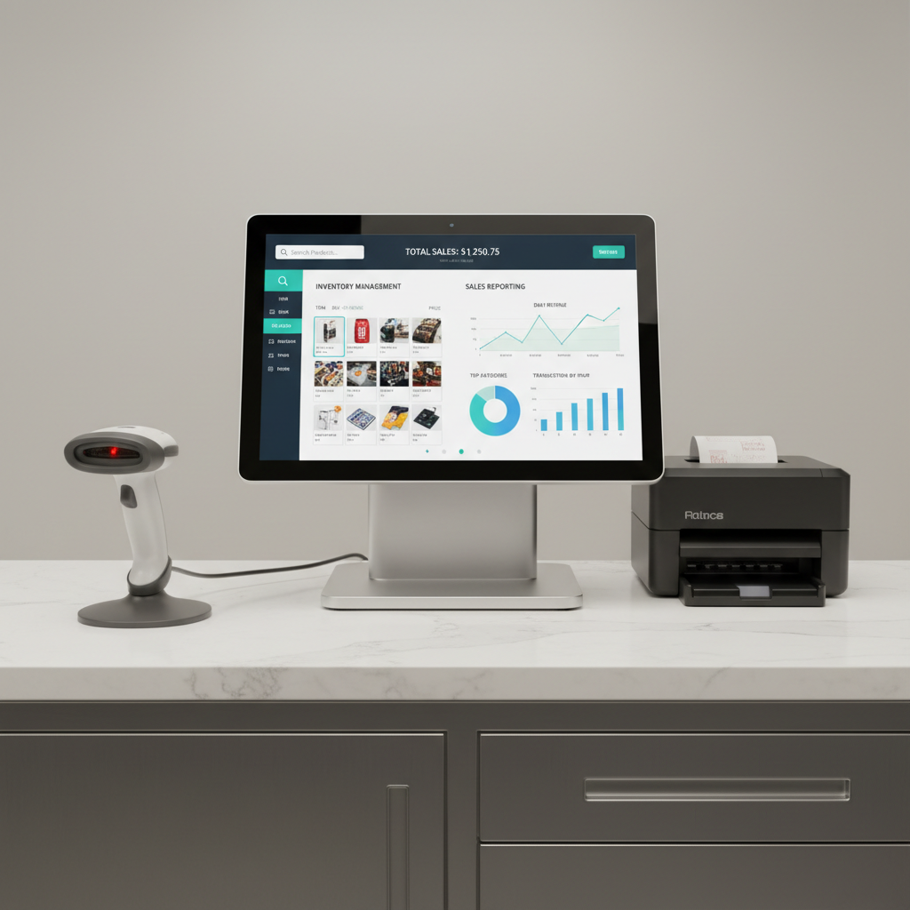 Retail POS system with barcode scanner, inventory management dashboard, and sales reporting