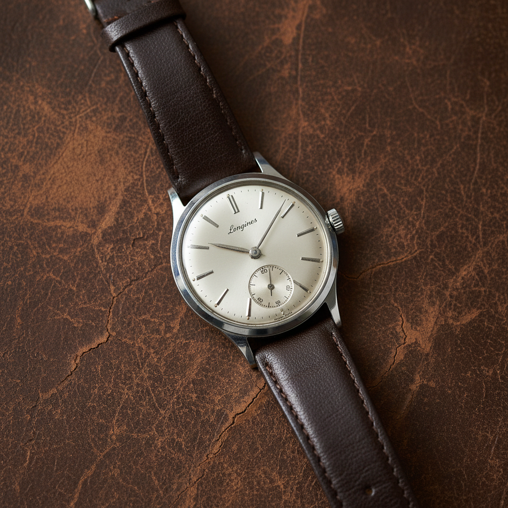 Overhead wrist shot showing vintage Longines with silver dial, photographed against aged leather