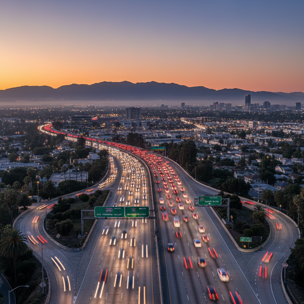 Busy multi-lane highway at dusk with streams of car headlights and tail lights creating light trails, aerial perspective