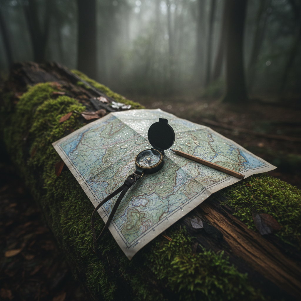 Trail map and compass on pine needles