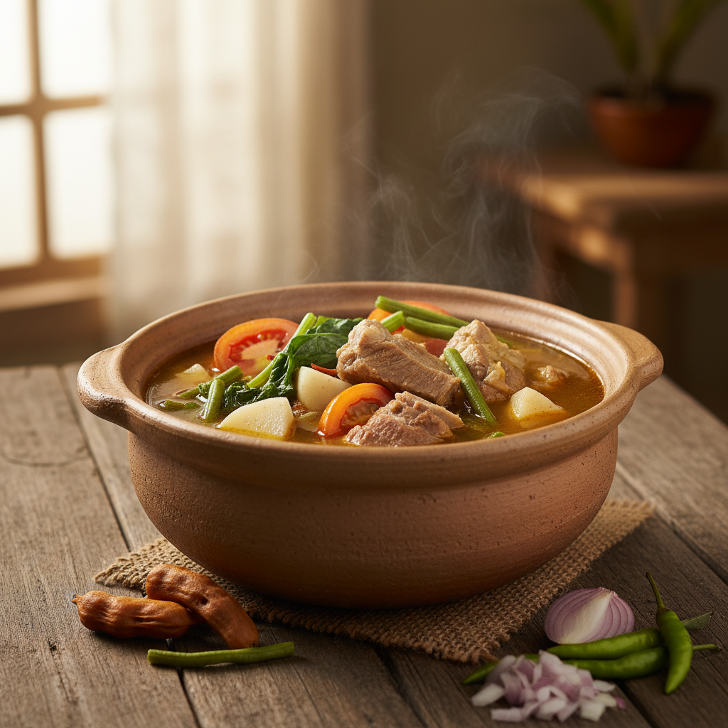 Sinigang soup with tiger prawns and vegetables in a clay bowl with steam rising