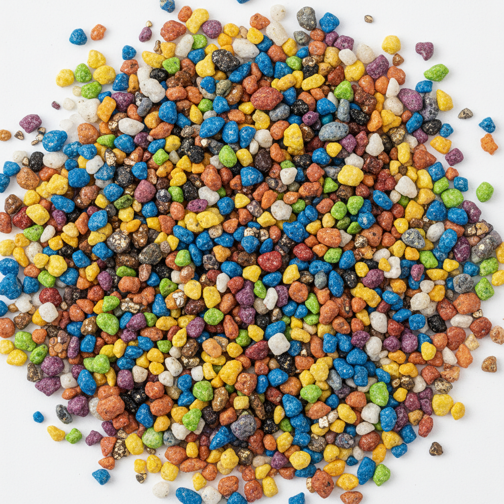 Granular DAP fertilizer close-up, brown granules on surface, agricultural setting