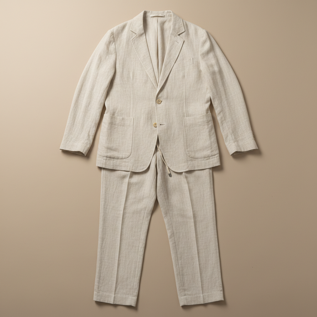 Natural linen blend suiting fabric with textured weave in warm beige tones under bright natural light