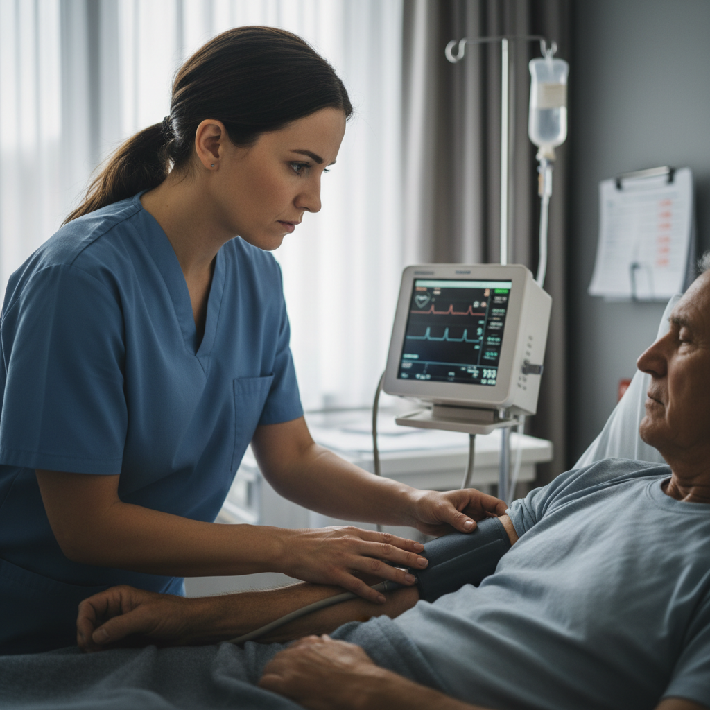 Nurse taking blood pressure of elderly patient