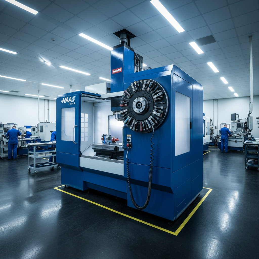CNC VMC precision machining workshop with advanced equipment and blue lighting in industrial facility
