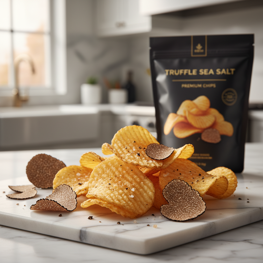 Luxury meal kit with premium truffle and mushroom ingredients beautifully arranged on marble surface