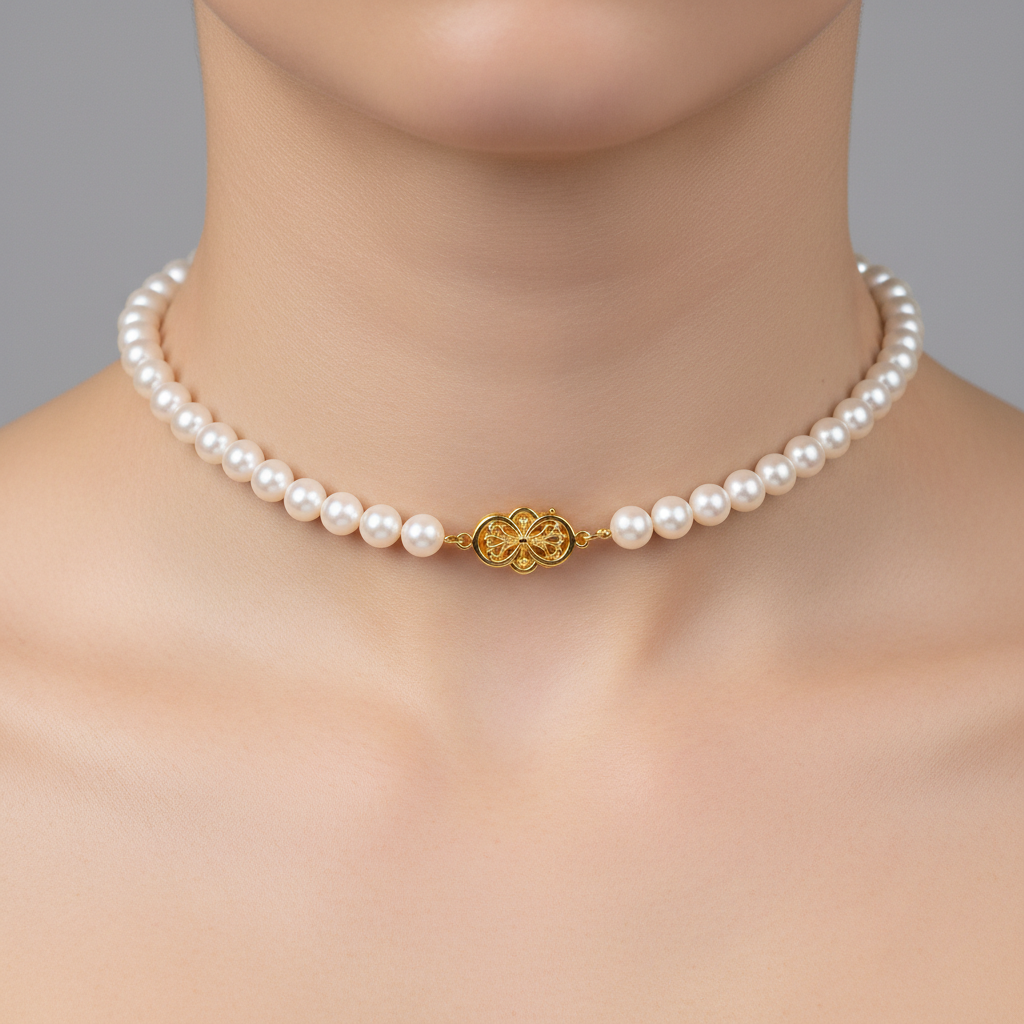 Pearl choker necklace with gold clasp on white skin, elegant evening styling