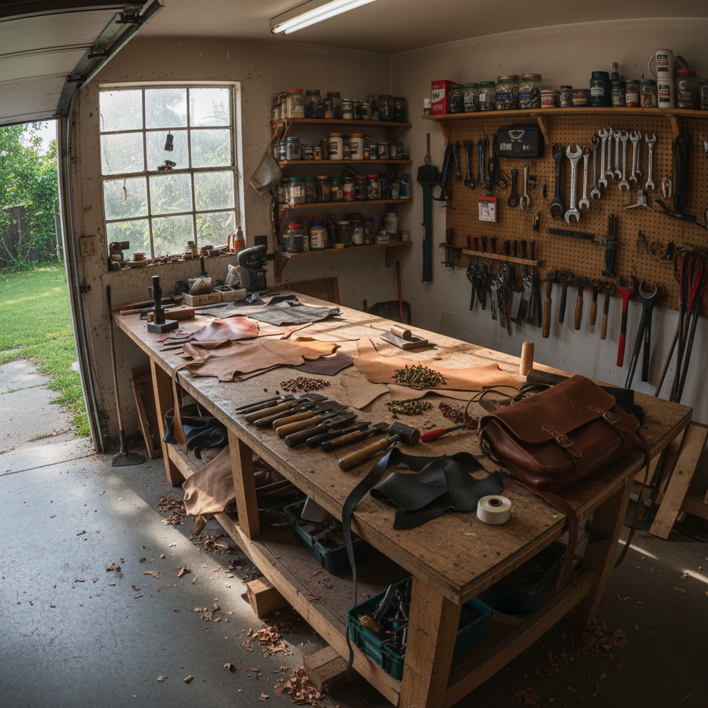 Garage workshop with tools, leather scraps, and rivets on a workbench