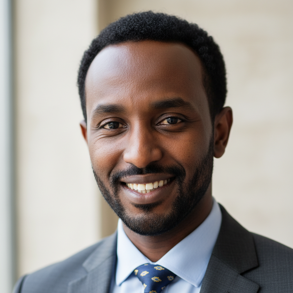 Young Ethiopian man in business casual attire, neutral studio background, confident smile