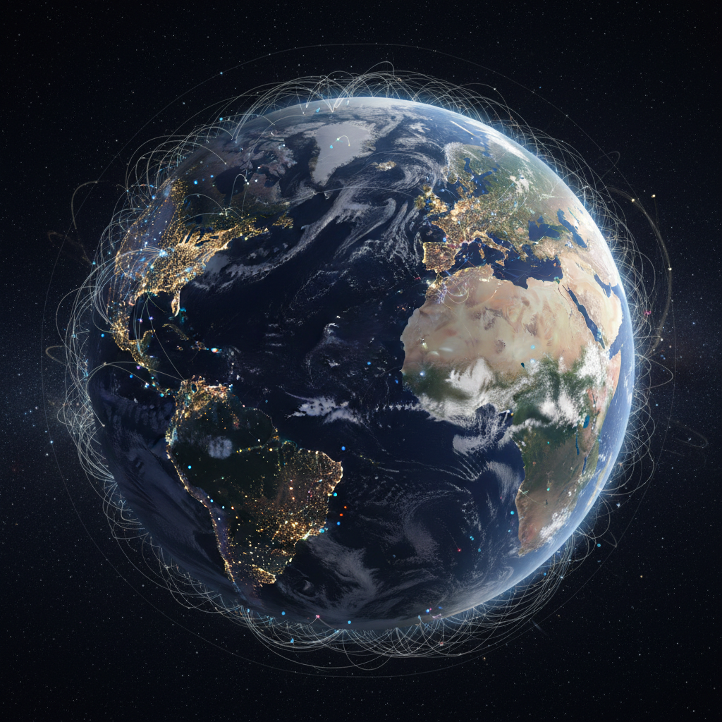 World map on dark background with glowing connection points, network visualization, deep navy atmosphere