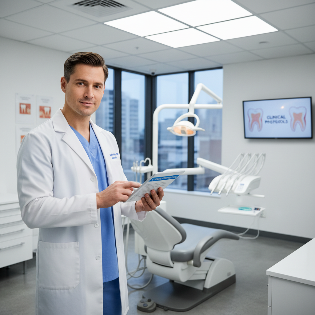 Dental professional in white coat reviewing patient records on tablet in well-equipped modern dental office