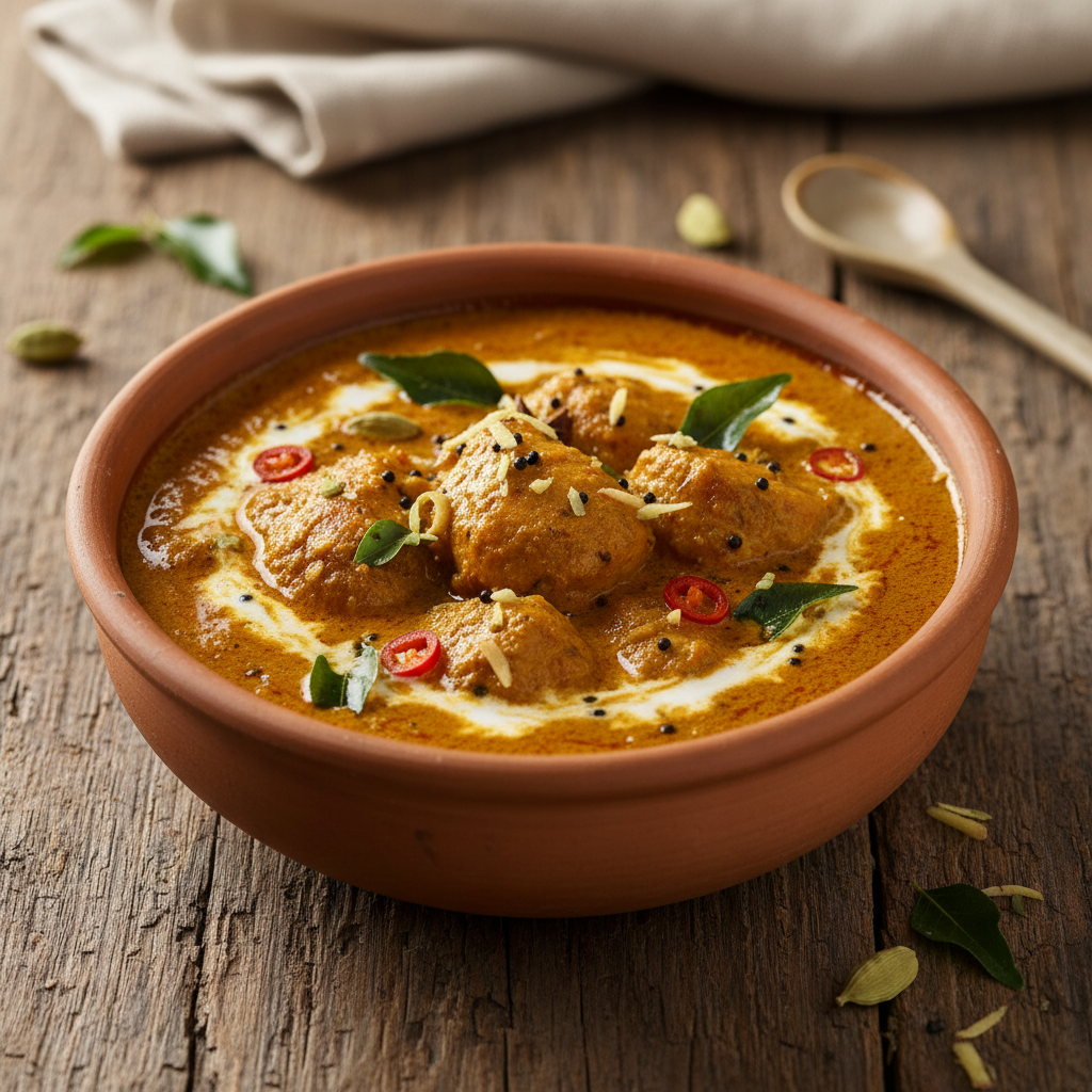 Fresh seafood malvani fish curry in a clay bowl — deep red coconut gravy, bright coastal spices