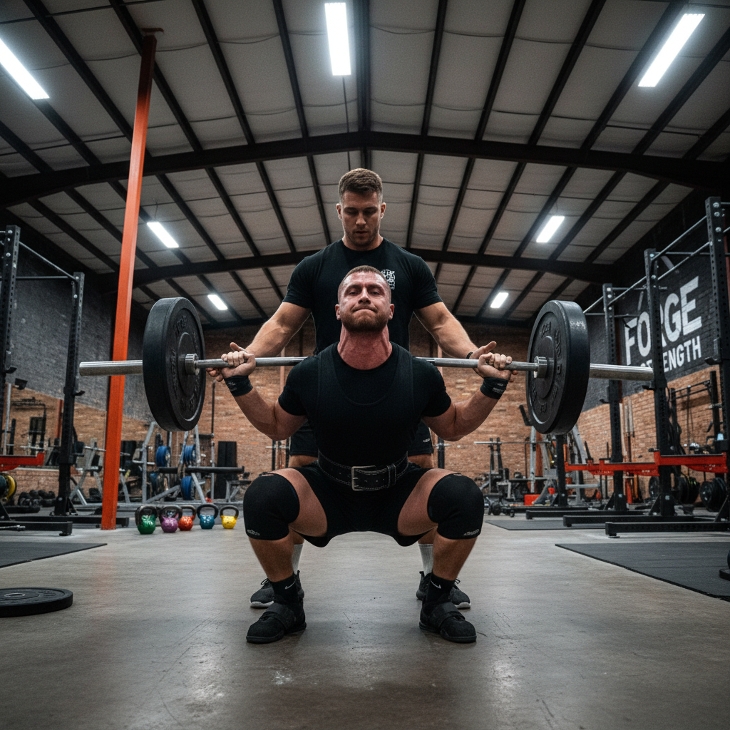 Forge coach spotting a member on a heavy squat inside the warehouse gym