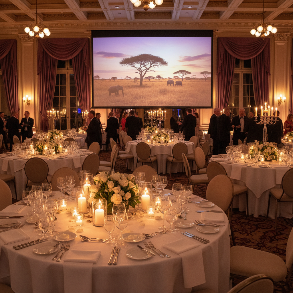 Elegant fundraising gala event setup with JJHF branding and African-inspired decor