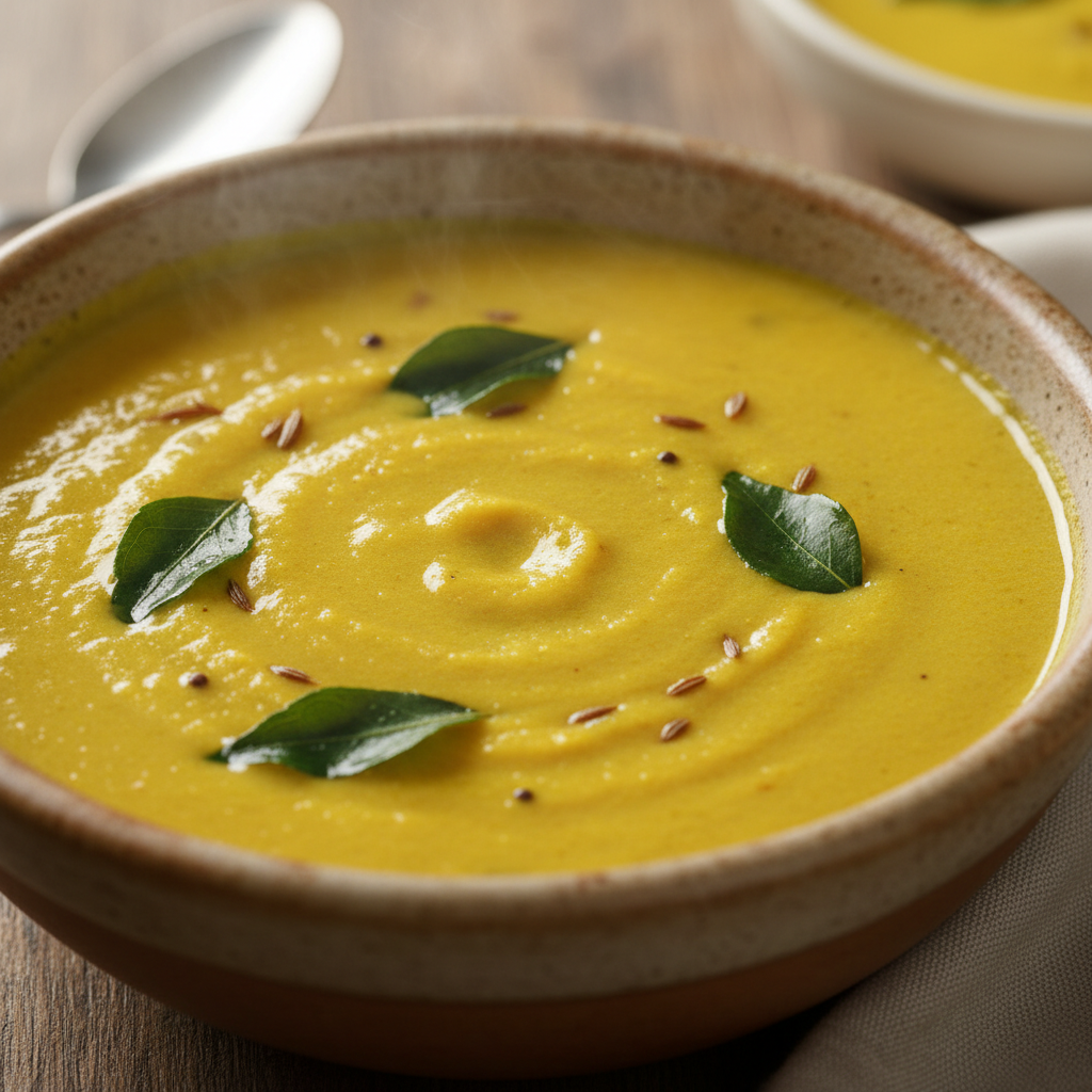 Bowl of golden yellow Gujarati kadhi soup with curry leaves and red chili oil drizzle, rustic clay bowl, warm kitchen light