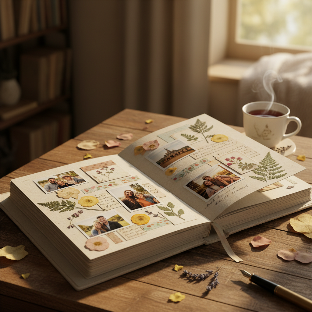 Soft linen-covered prayer journal open to a blank page with a pressed flower bookmark, flatlay on a cream linen cloth, soft morning light
