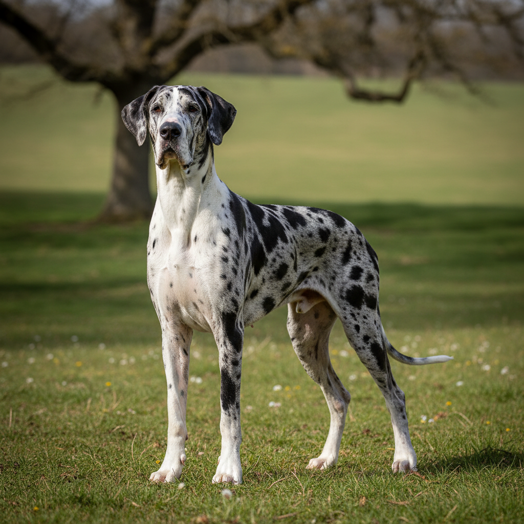 Harlequin Great Dane with distinctive black and white patched coat pattern