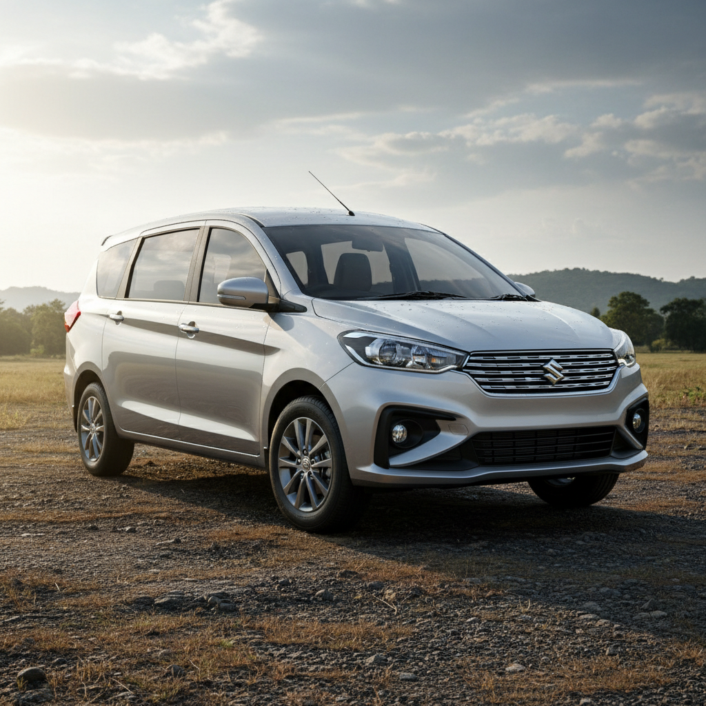 Maruti Ertiga MPV - compact vehicle parked at scenic viewpoint with mountain valley in background, budget-friendly option
