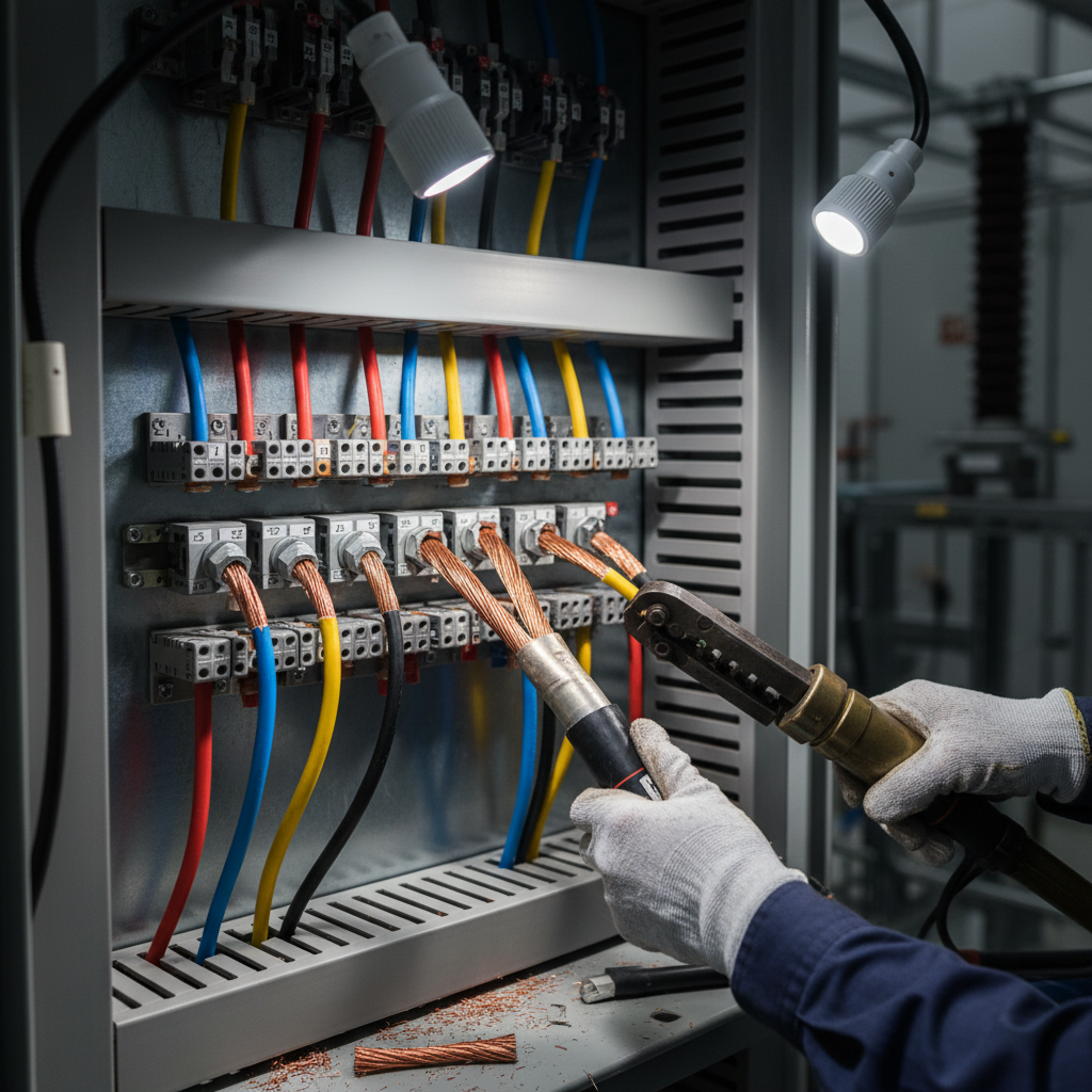 Electrician carefully terminating high-voltage cables inside a substation control panel