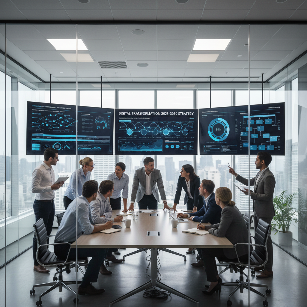 Business transformation strategy meeting with executives reviewing digital roadmap on large presentation screen