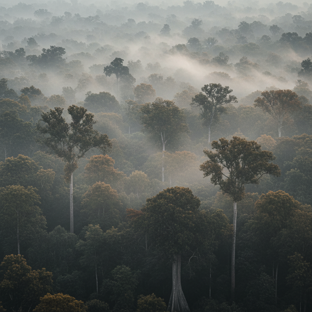 Misty dipterocarp rainforest canopy at dawn, desaturated documentary treatment
