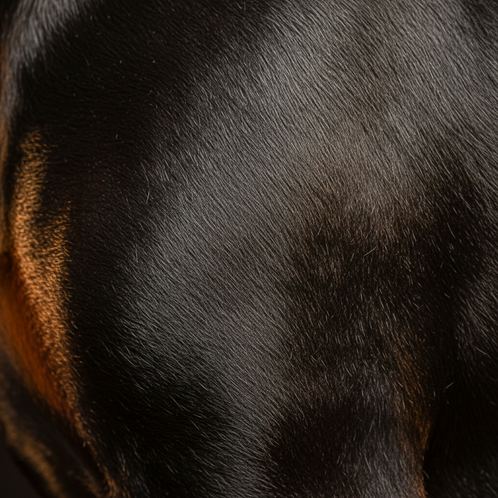 Extreme macro close-up of a freshly groomed Doberman's flank, every hair lying in the same direction, coat gleaming under warm studio light