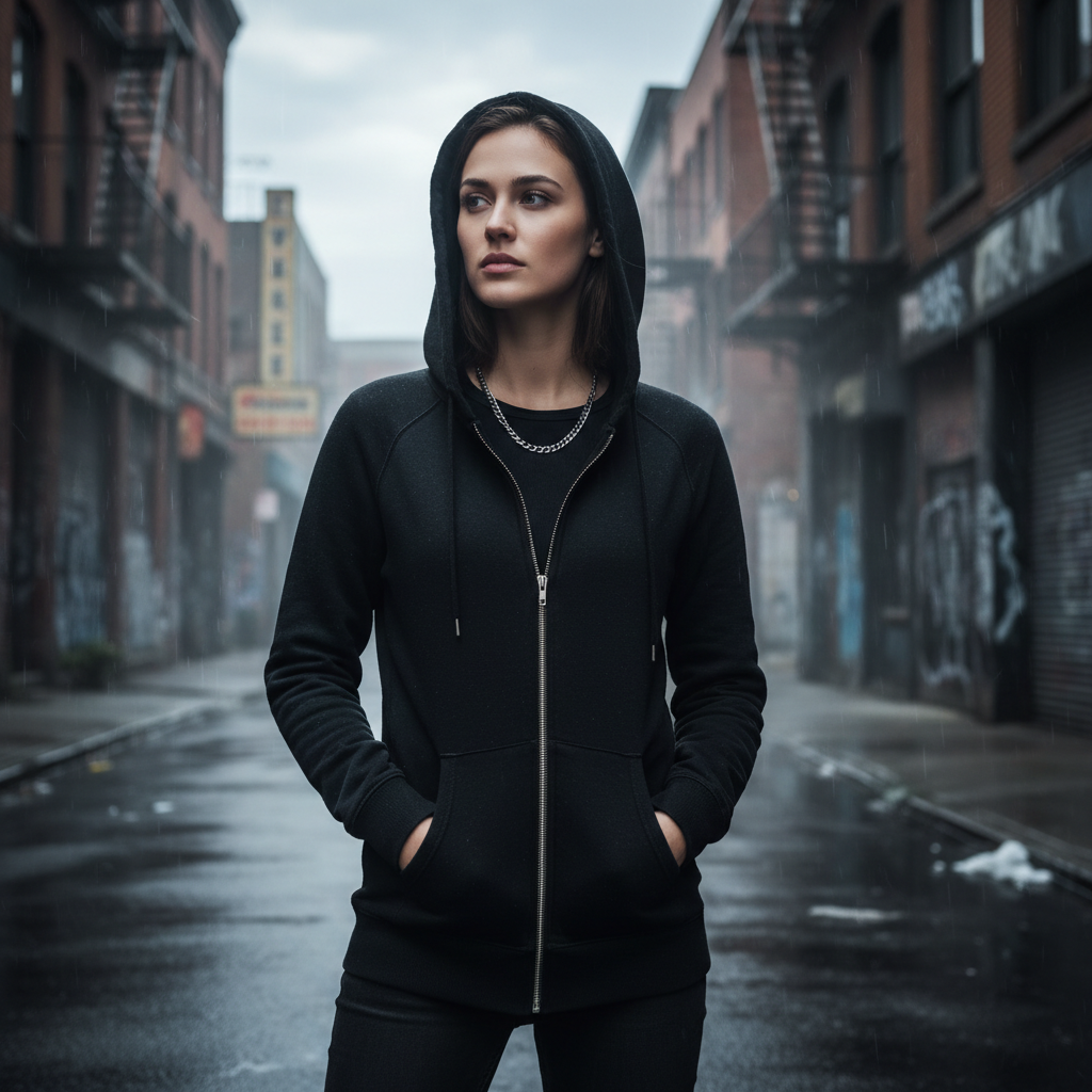 Black zip-up hoodie on model in dark urban environment, moody shadows
